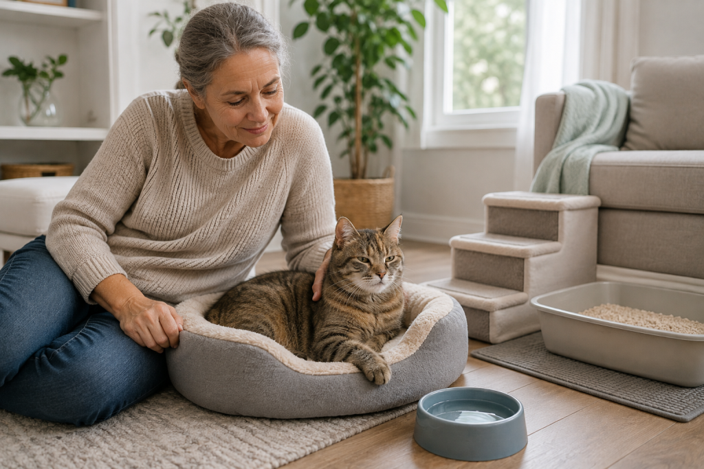Healthy senior cat resting comfortably in an accessible home environment.