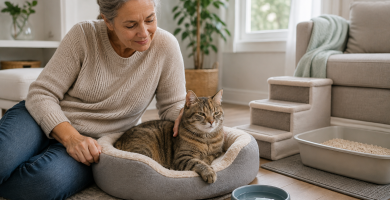Healthy senior cat resting comfortably in an accessible home environment.
