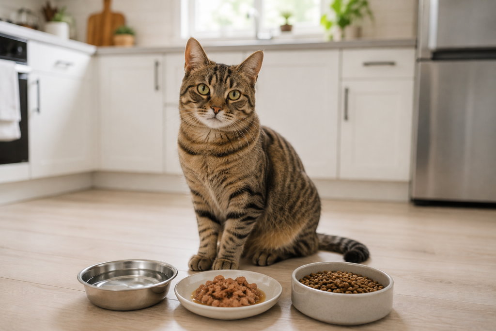 Healthy cat beside measured complete cat food and fresh drinking water.