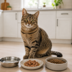 Healthy cat beside measured complete cat food and fresh drinking water.