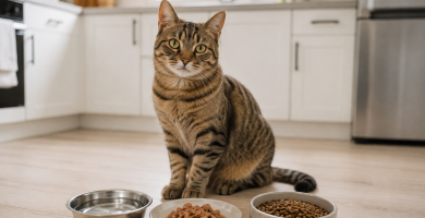 Healthy cat beside measured complete cat food and fresh drinking water.