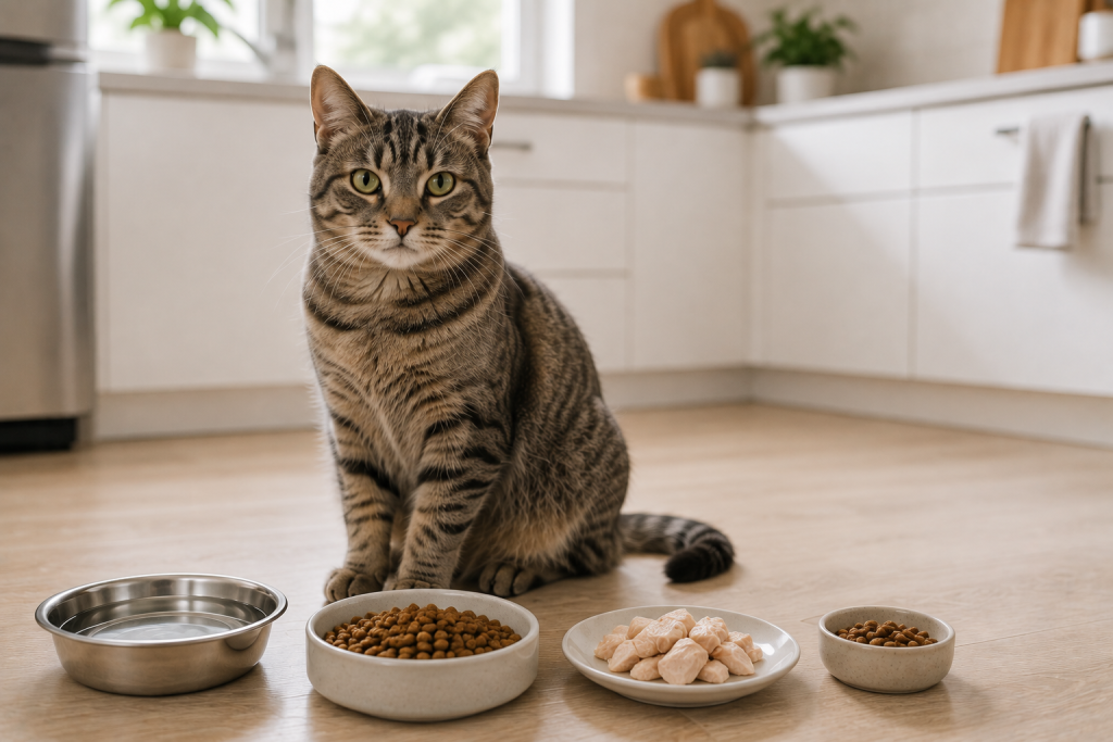 Healthy cat beside a measured complete meal and small portions of safe foods.