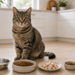 Healthy cat beside a measured complete meal and small portions of safe foods.