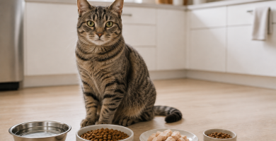 Healthy cat beside a measured complete meal and small portions of safe foods.