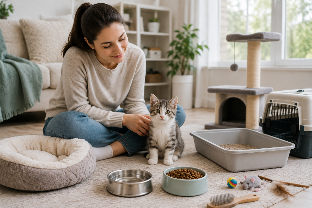 Healthy kitten in a safe home with essential kitten care supplies.