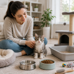 Healthy kitten in a safe home with essential kitten care supplies.