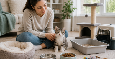Healthy kitten in a safe home with essential kitten care supplies.