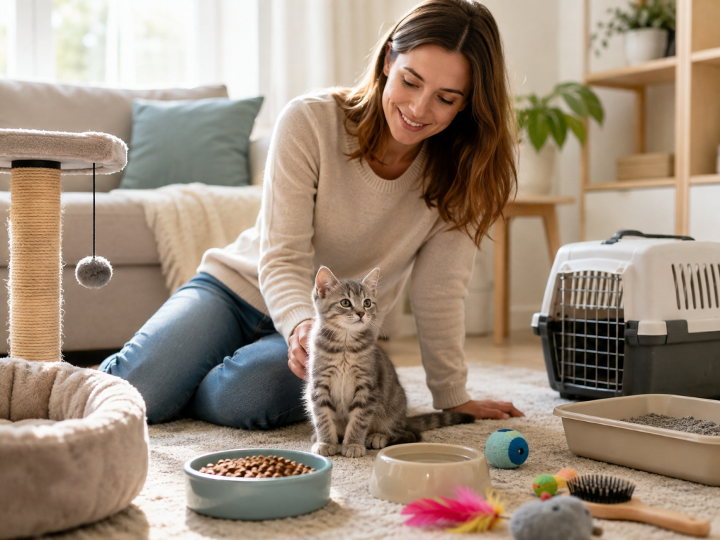 Healthy kitten in a safe home with essential kitten care supplies.