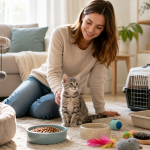 Healthy kitten in a safe home with essential kitten care supplies.