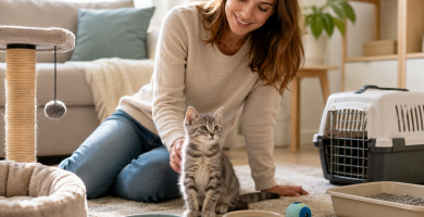 Healthy kitten in a safe home with essential kitten care supplies.