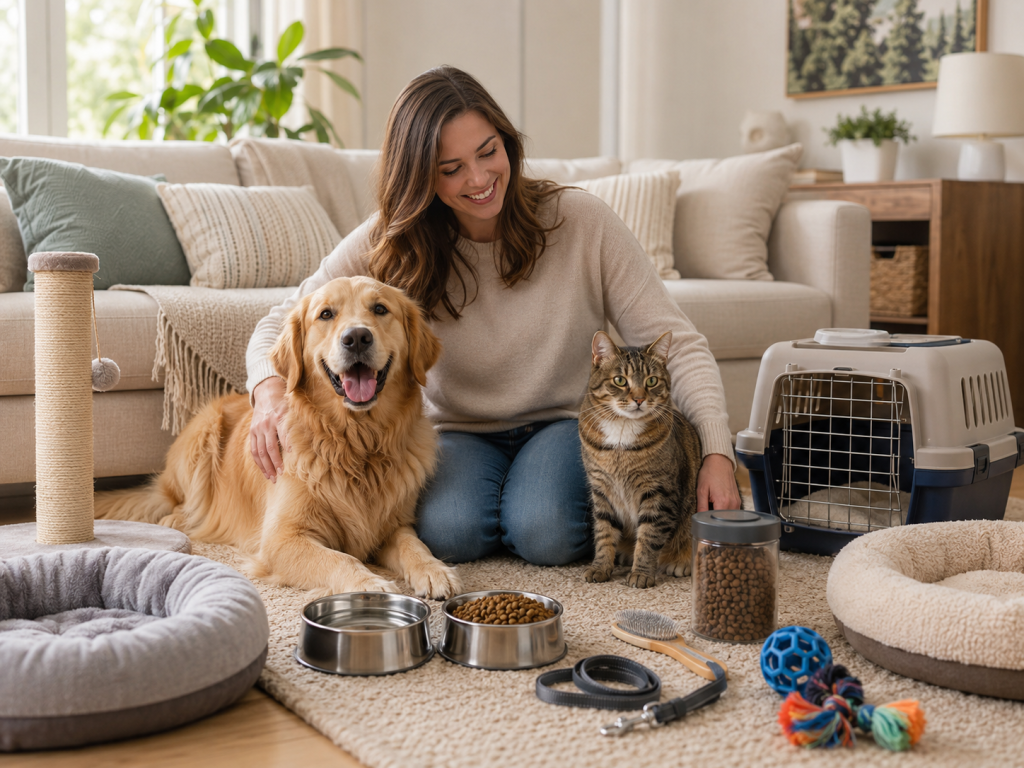 Healthy dog and cat with essential everyday pet care supplies at home.