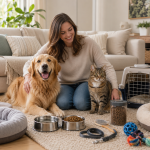 Healthy dog and cat with essential everyday pet care supplies at home.