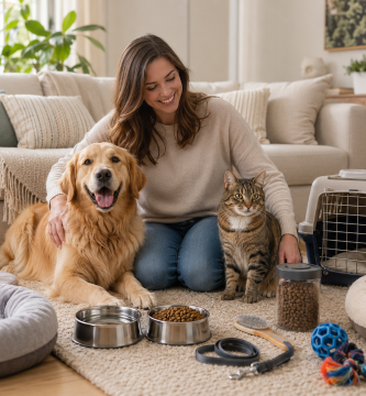 Healthy dog and cat with essential everyday pet care supplies at home.
