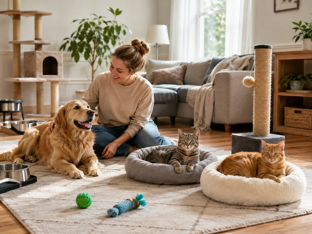 Dog and cats living peacefully together in a well-organized multi-pet home.