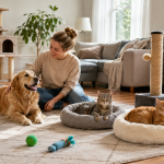 Dog and cats living peacefully together in a well-organized multi-pet home.