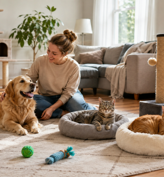 Dog and cats living peacefully together in a well-organized multi-pet home.
