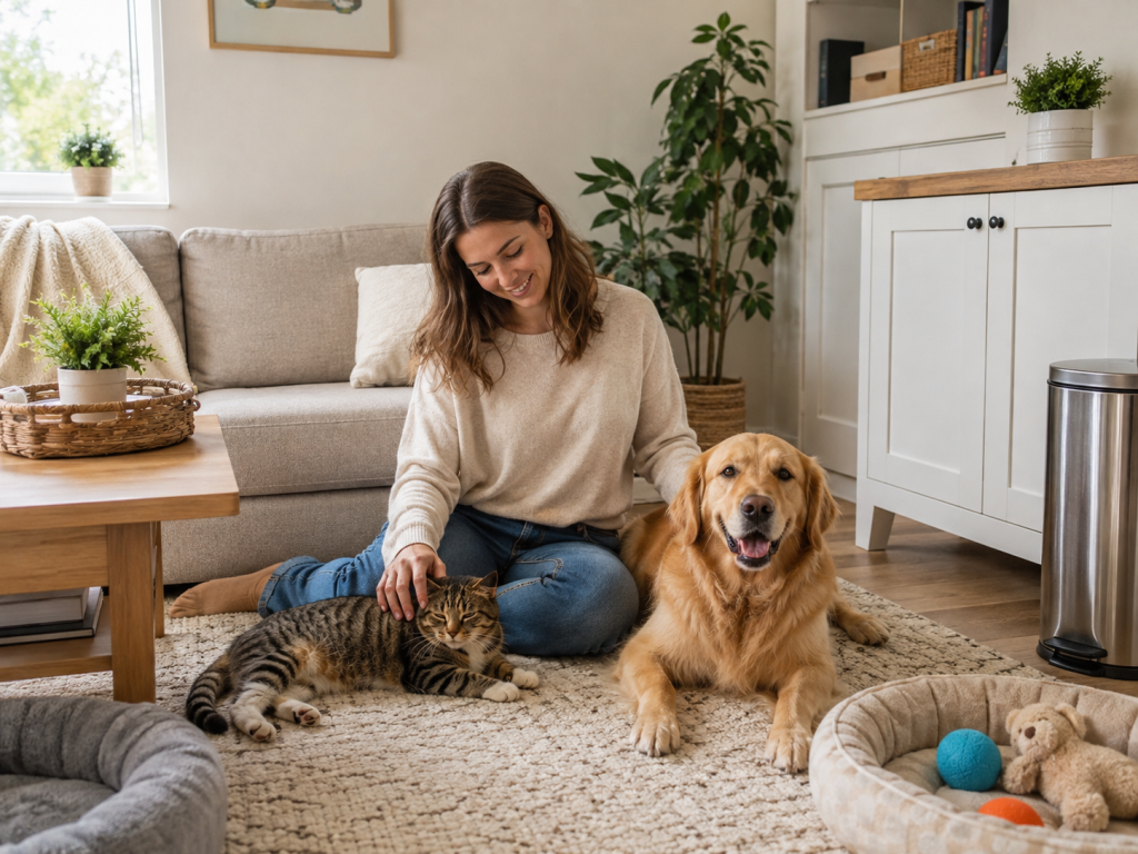 Dog and cat relaxing in a safely organized pet-friendly home.