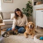 Dog and cat relaxing in a safely organized pet-friendly home.