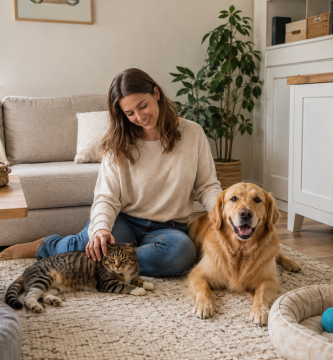 Dog and cat relaxing in a safely organized pet-friendly home.