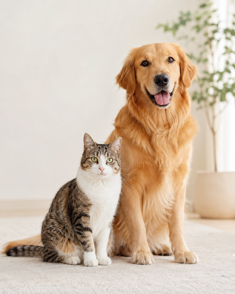 Golden retriever and tabby cat sitting together in a bright home interior.